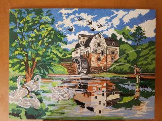 Vintage Paint By Number Fly Fishing By The Old Grist Mill Waterwheel 16 X 12