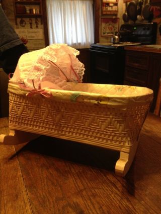 Pink Wicker Rocking Doll Cradle With Folding Bonnet