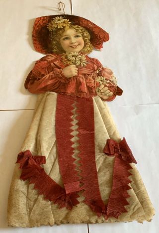 Victorian Die Cut Christmas Girl Paper Doll - Cotton Skirt - Crepe Paper