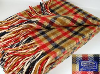 Vtg Pendleton Virgin Wool Rare Striped Plaid Fringe Throw Blanket 70 " X 52 "