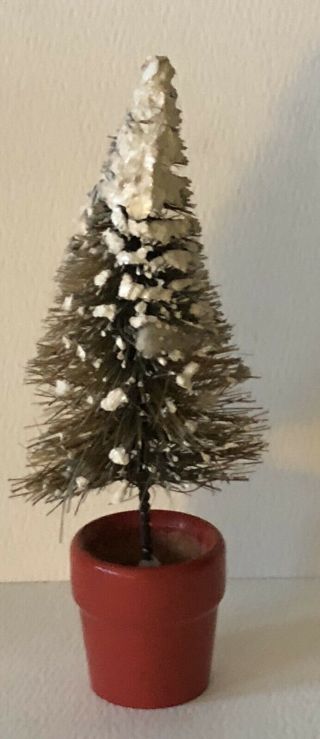 Antique German Putz Bottle Brush Snow Flocked Red Base Small 5” Christmas Tree