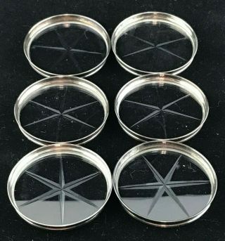 Antique Set Of 6 Sterling Silver & Star Cut Crystal Glass Drink Coasters Marked