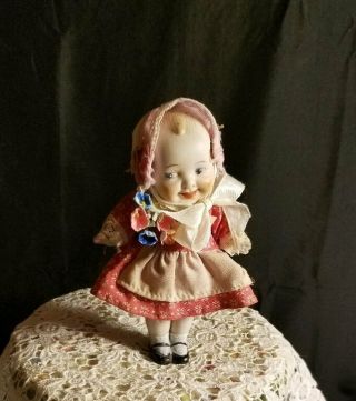 6 " Antique All Bisque Smiling Girl Doll - Strung Arms - Side Glance - Sweet