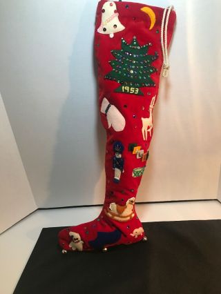 Antique Vintage Red Velvet Christmas Stocking,  Hand Made Details.  Attention