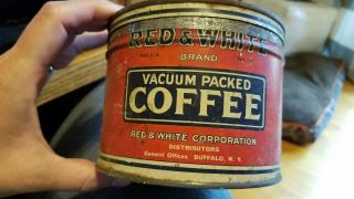 Vintage Red & White Round Coffee Can Tin Metal And Advertisement Antique