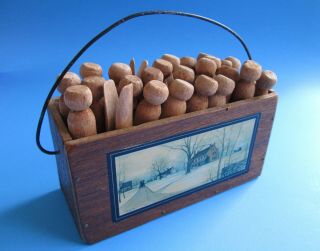 26 Primitive Wooden Clothes Pins In Vintage Farmhouse Wood Box W/ Wire Handle