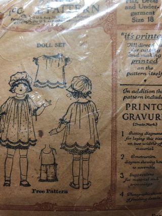 Antique Doll Clothing Pattern Mccall Circa 1921 Mini Size