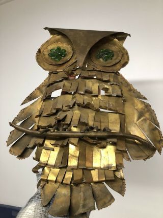 Vintage Unsigned Curtis Jere Brutalist Owl Sculpture Wall Art Brass Metal Glass