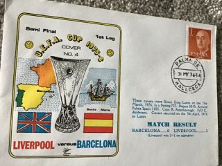Rare Football First Day Cover 1975 Uefa Cup Liverpool V Barcelona Flown Cover