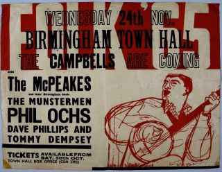 Phil Ochs - Mega Rare Vintage Birmingham Town Hall 1965 Concert Poster