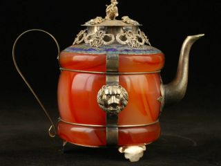Collectible Old Handwork Jade Cloisonne Tibet Silver Copper Dragon Tea Pot Yt