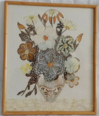 Vintage Butterfly Wing Art Picture - Flower Arraignment W/ Vase 12.  5 " X 15 "