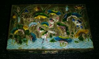 Vintage Chinese Cloisonne Enameled Brass Covered Box,  River,  Flamingos,  Flowers