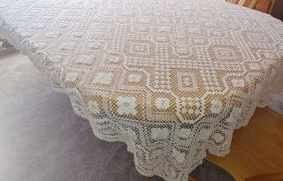 Antique Crochet Lace Tablecloth Table Cloth 56x53 Vintage Bedspread Bed Spread 2
