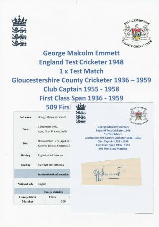 George Emmett England Test Cricketer 1948 Rare Autograph