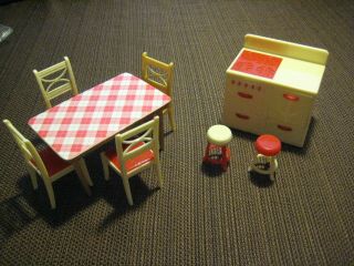 Vintage Renwal Dollhouse Furniture Kitchen Red & White Stove,  Stools,  Chairs