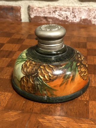 Vintage Antique Wood/ Glass Hand Painted Pine Cone Inkwell