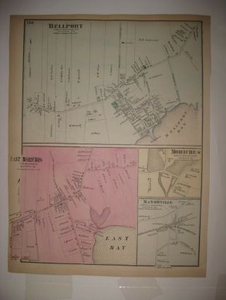 Antique 1873 East & Moriches Bellport Manorville York Handcolored Map Rare