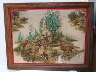 3 D Framed Vintage Fabric Deer And Bear Picture 21 " ² High X 26 3/4 " Wide Rare