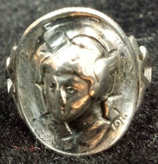 Antique 1919 Silver Us Mercury Dime Pop Out Repousse 3 - D Coin Ring Size 6 1/2
