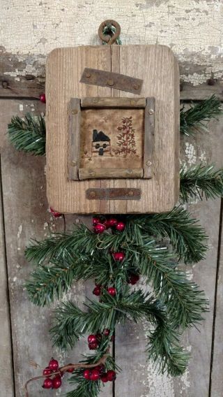 Early Inspired Primitive Handstitched Christmas Sampler Log Cabin Tree Red Berry