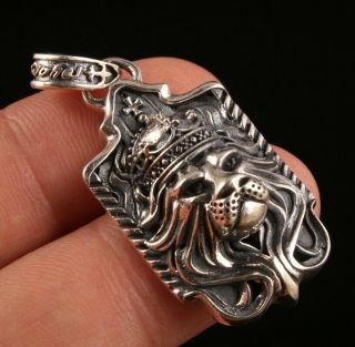 Rare Chinese 925 Silver Pendant Statue Lion Hand - Carved Mascot Fashionable Man