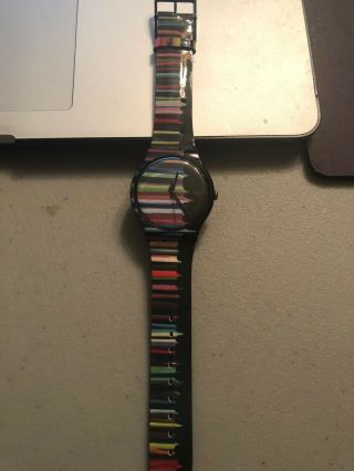 Swatch Watch Black With Multi - Colored Paint Look - Nwob Rare And Unique