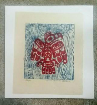 Vintage Amos L.  Wallace,  Eagle Woodblock Print,  Griffins,  Alaska Rare Tribal Art