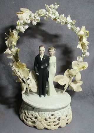 Vintage Wedding Cake Topper - Bisque Couple & Base W/flowers