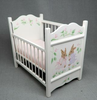Vintage Pitty Pat Nursery Baby Crib W Rabbits Dollhouse Miniature 1:12