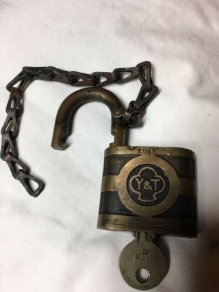 Vintage Yale And Towne Padlock Y & T Antique Brass Lock With Key Great