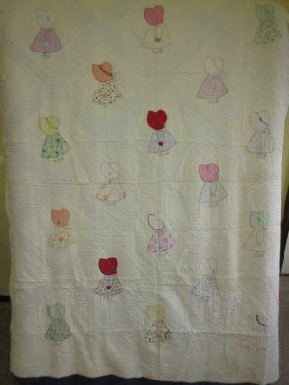 Vtg Antique Cotton SUNBONNET SUE APPLIQUE Embroidered Hand Quilt Bedspread as - is 2