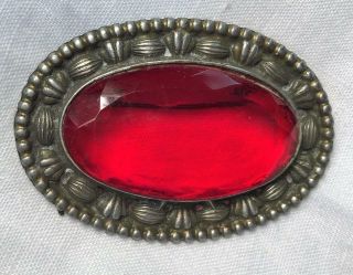 Antique Victorian Brass Sash Pin Large 2 " Red Glass Prong Set Stone C Clasp