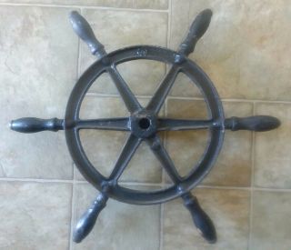Vintage Boat Ship Metal Captains Steering Wheel With Wooden Handles
