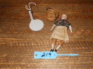 Antique Small German Bisque Doll 4 1/2 " With Basket & Stand