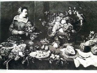 Fruit Basket Still Life - 1876 Etching Print After Van F.  Snyders Painting