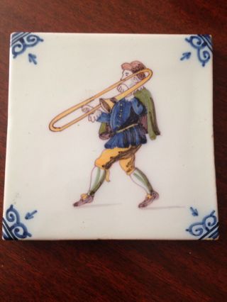 Royal Tichelaar Makkum Dutch Polychrome Delft Tile - - Man With Trumpet