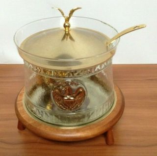 Rare Mid Century Inland Glass Soup Tureen 22k Gold Accents Brass Walnut W/ Tags