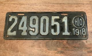 Antique 1918 Wwi Era Ohio License Plate.  Vintage Embossed Tag.  All Gem