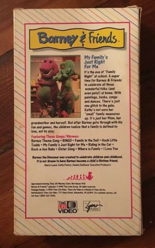 Barney & Friends MY FAMILY ' S JUST RIGHT FOR ME VHS VIDEO / Purple Dinosaur RARE 2