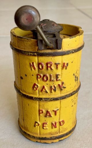 Rare Antique Vintage Cast Iron North Pole Barrel Churn Coin Money Savings Bank