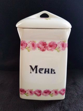 Antique German Ceramic Or Porcelain Salt Flour Sugar Box Bin Mehl Canister Pink