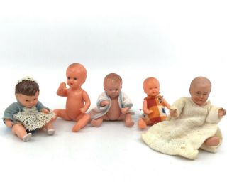 Dollhouse Doll X 5 Baby 1950s Celluoid Vinyl Plastic 3in Es Germany Turtle Mark