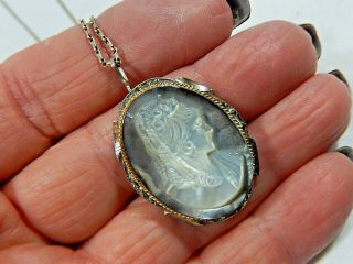 Antique Art Deco Italy 800 Silver Carved Mother Of Pearl Cameo 20 " Necklace