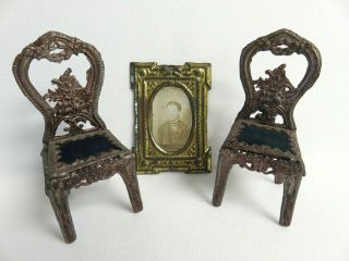 3 Pc Antique Miniature Soft Metal Velvet Chairs,  Old Framed Photo 1:10 Scale ?