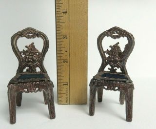 3 pc ANTIQUE MINIATURE SOFT METAL VELVET CHAIRS,  Old FRAMED PHOTO 1:10 Scale ? 2