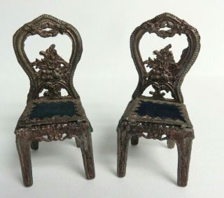 3 pc ANTIQUE MINIATURE SOFT METAL VELVET CHAIRS,  Old FRAMED PHOTO 1:10 Scale ? 3