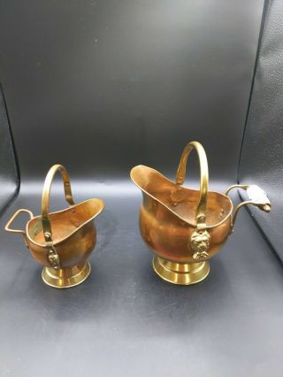 2 Small Vintage Solid Copper Scuttle Ash Bucket Pail Lion Head Porcelain Handle