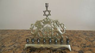 Vintage/antique Hanukkah Menorah Lions Star Of David Solid Brass Vgc