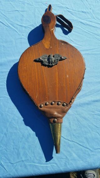 Vintage Fireplace Bellows With Eagle Air Pump Blower Wood Leather Brass